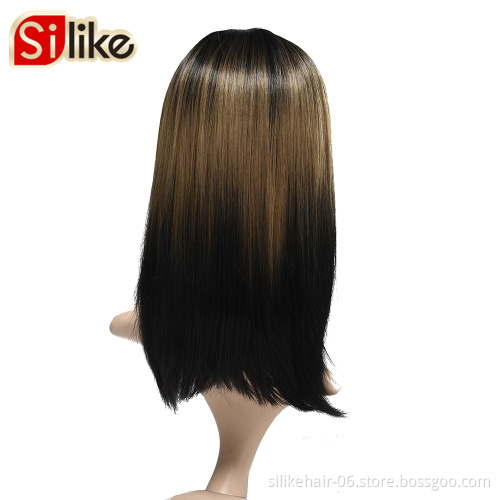 Natural As Real human wigs Hair 16 Inches Straight with Flat Bangs Synthetic Dyeing Gradient Short Straight Wigs Hair for Women